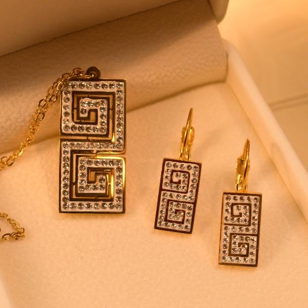 Elegant Gold-Plated Necklace & Earrings Set with Geometric Diamond Accents