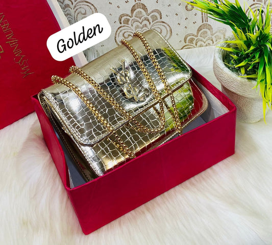 YSL Elegant Gold Croc-Embossed Shoulder Bag with Gold Chain