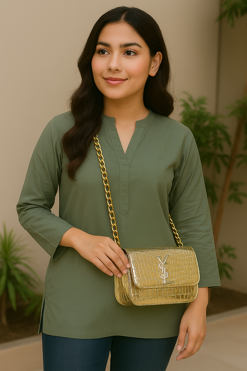 YSL Elegant Gold Croc-Embossed Shoulder Bag with Gold Chain