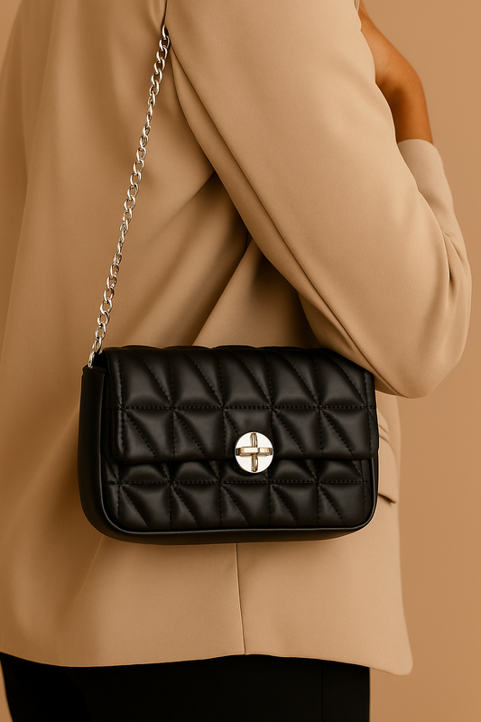 Elegant Black Quilted Leather Handbag with Silver Clasp