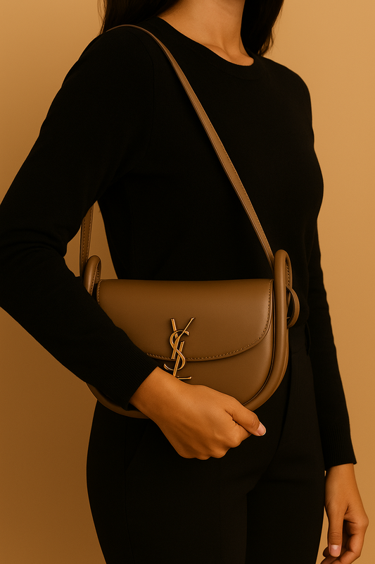 YSL-Inspired Saddle Bag β Taupe Brown with Gold Logo Accent