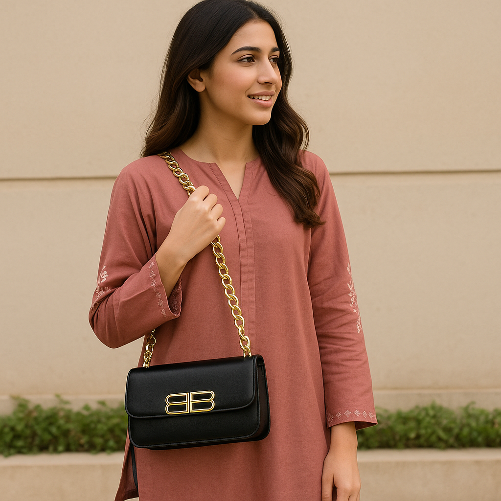 Luxury BB Logo Chain Shoulder Bag – Black Leather Crossbody for Women in Pakistan