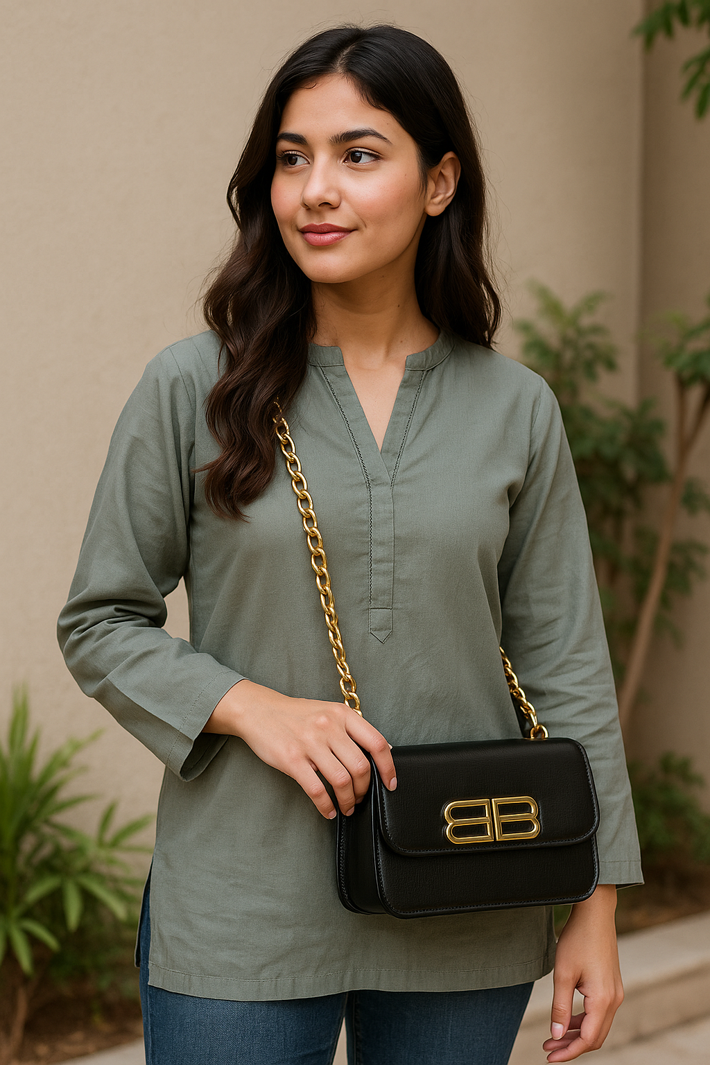 Luxury BB Logo Chain Shoulder Bag – Black Leather Crossbody for Women in Pakistan