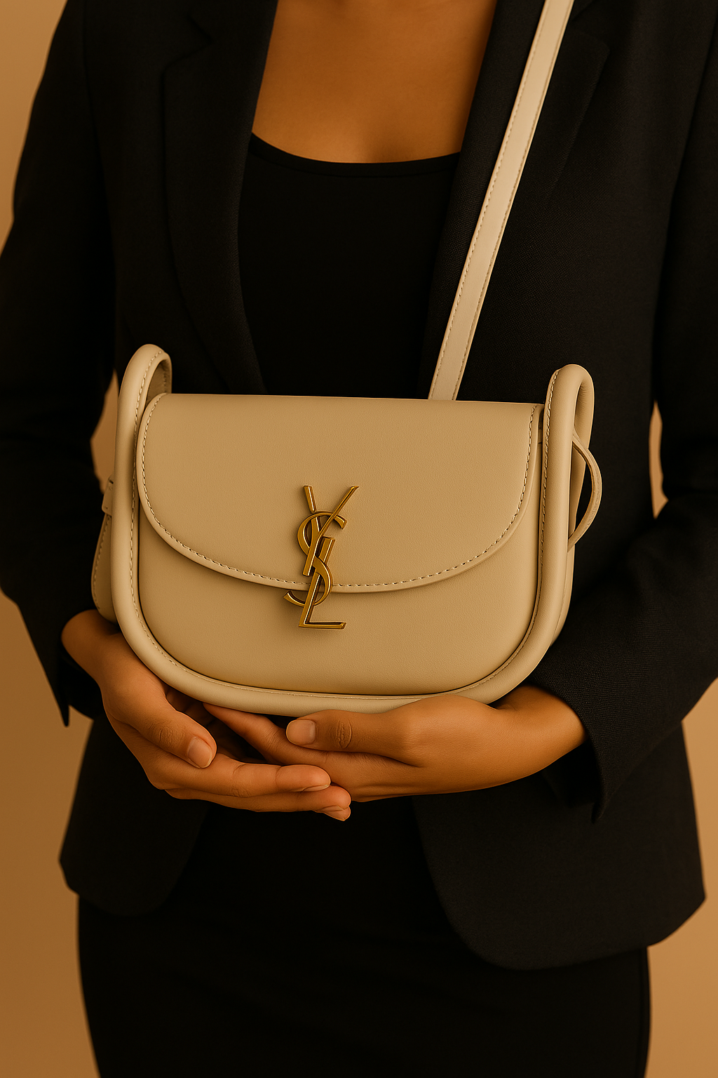 YSL-Inspired Saddle Bag – Taupe Brown with Gold Logo Accent