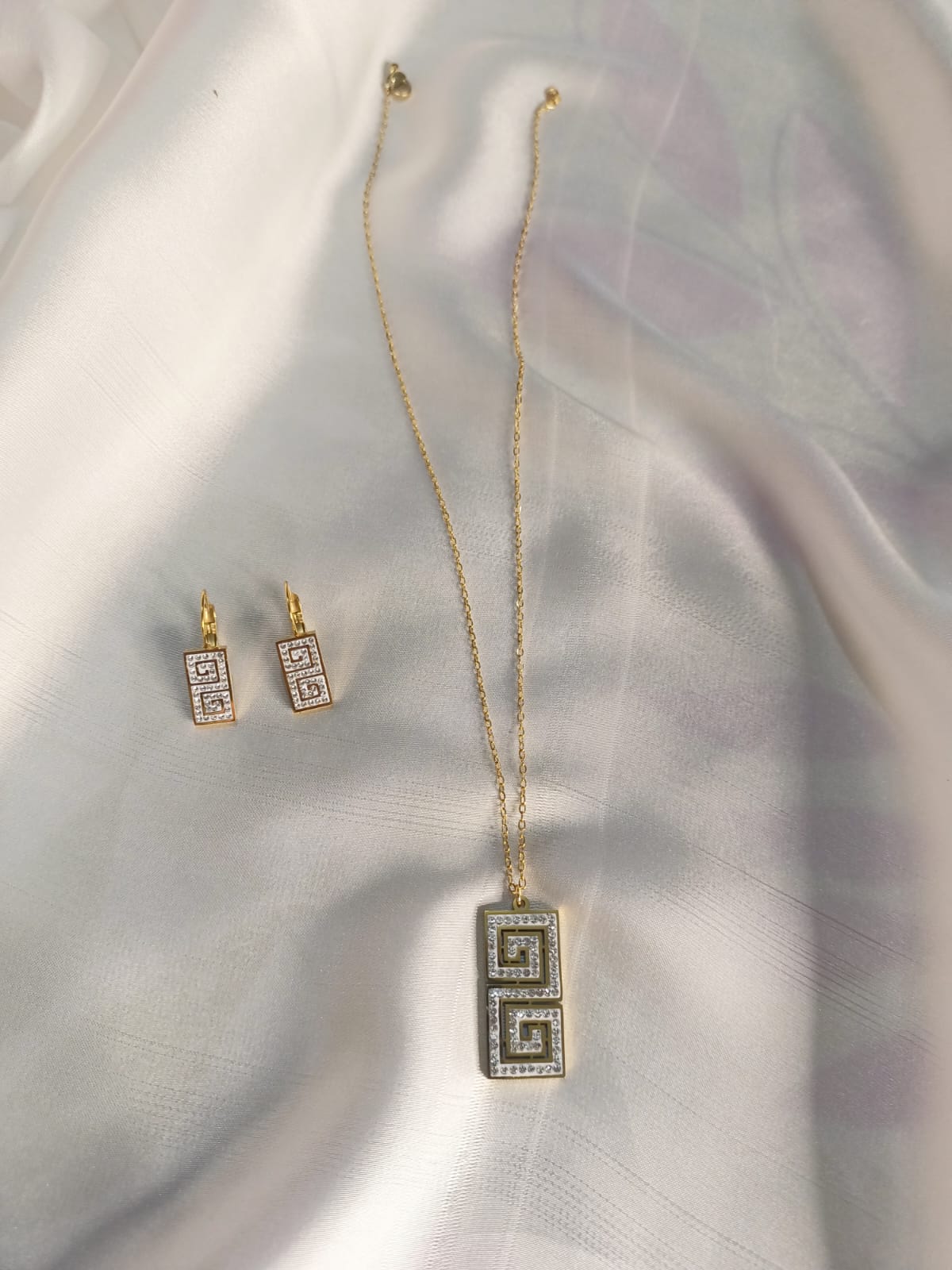 Elegant Gold-Plated Necklace & Earrings Set with Geometric Diamond Accents