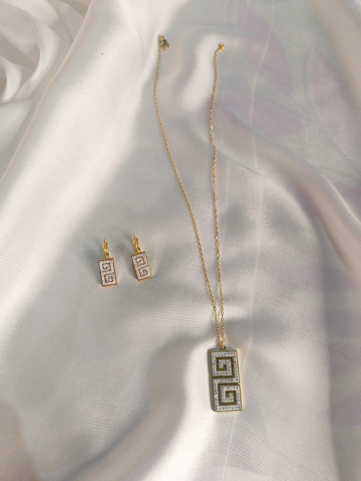 Elegant Gold-Plated Necklace & Earrings Set with Geometric Diamond Accents