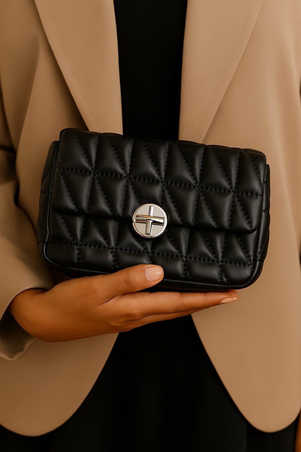 Elegant Black Quilted Leather Handbag with Silver Clasp