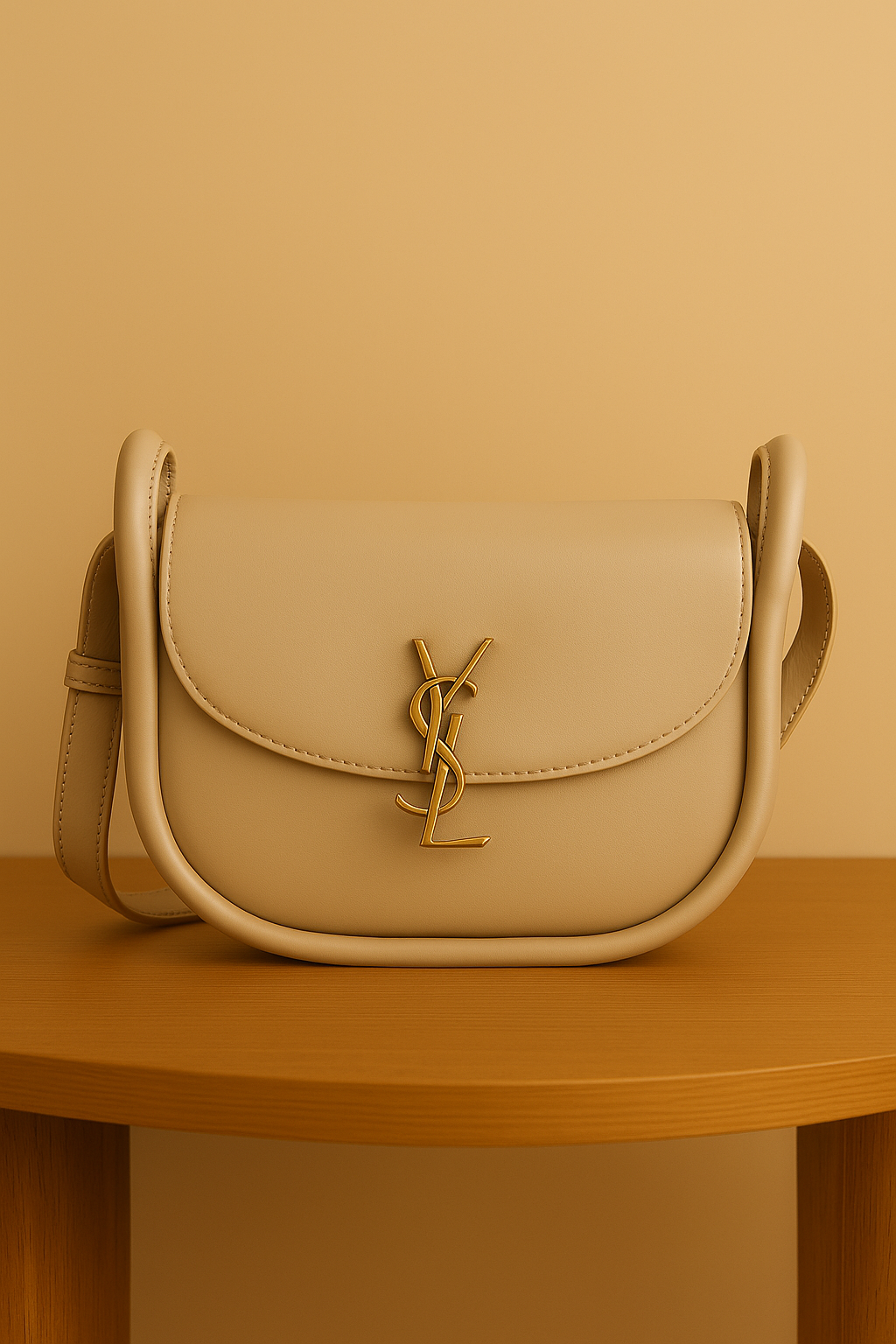 YSL-Inspired Saddle Bag – Taupe Brown with Gold Logo Accent